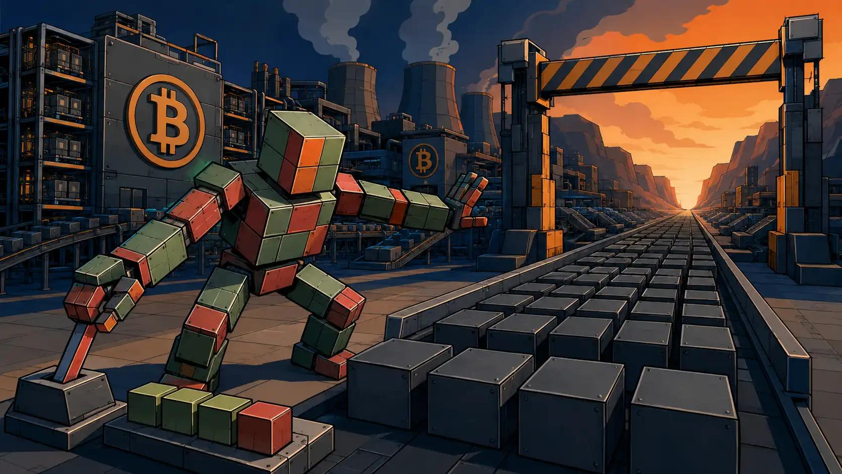 Futuristic Bitcoin mining factory scene
