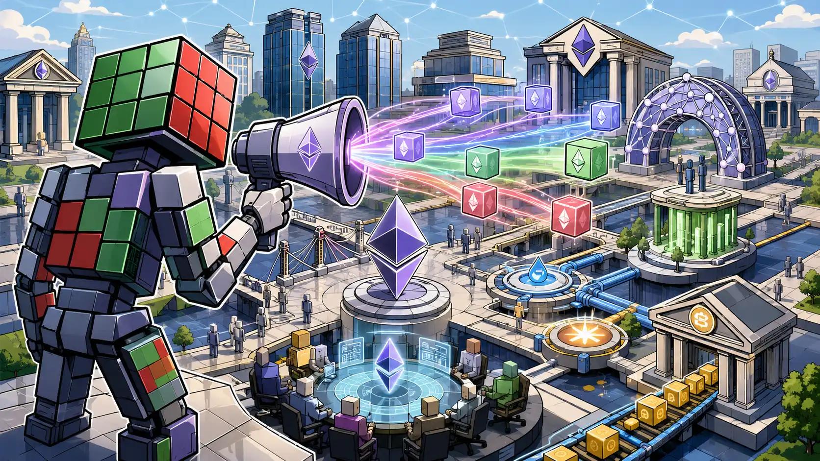 Futuristic blockchain city network hub