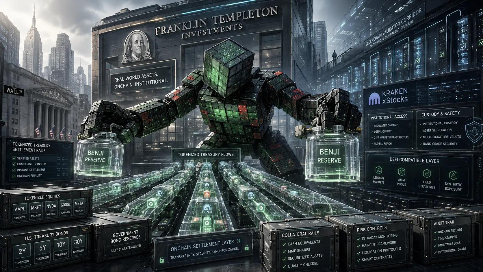 Futuristic blockchain finance district with robot