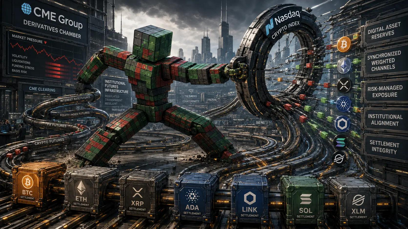 Futuristic crypto trading floor scene