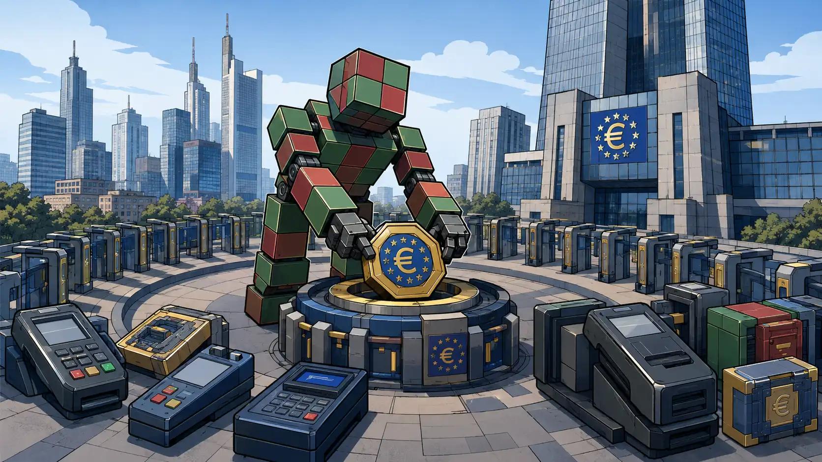 Futuristic financial tech plaza scene