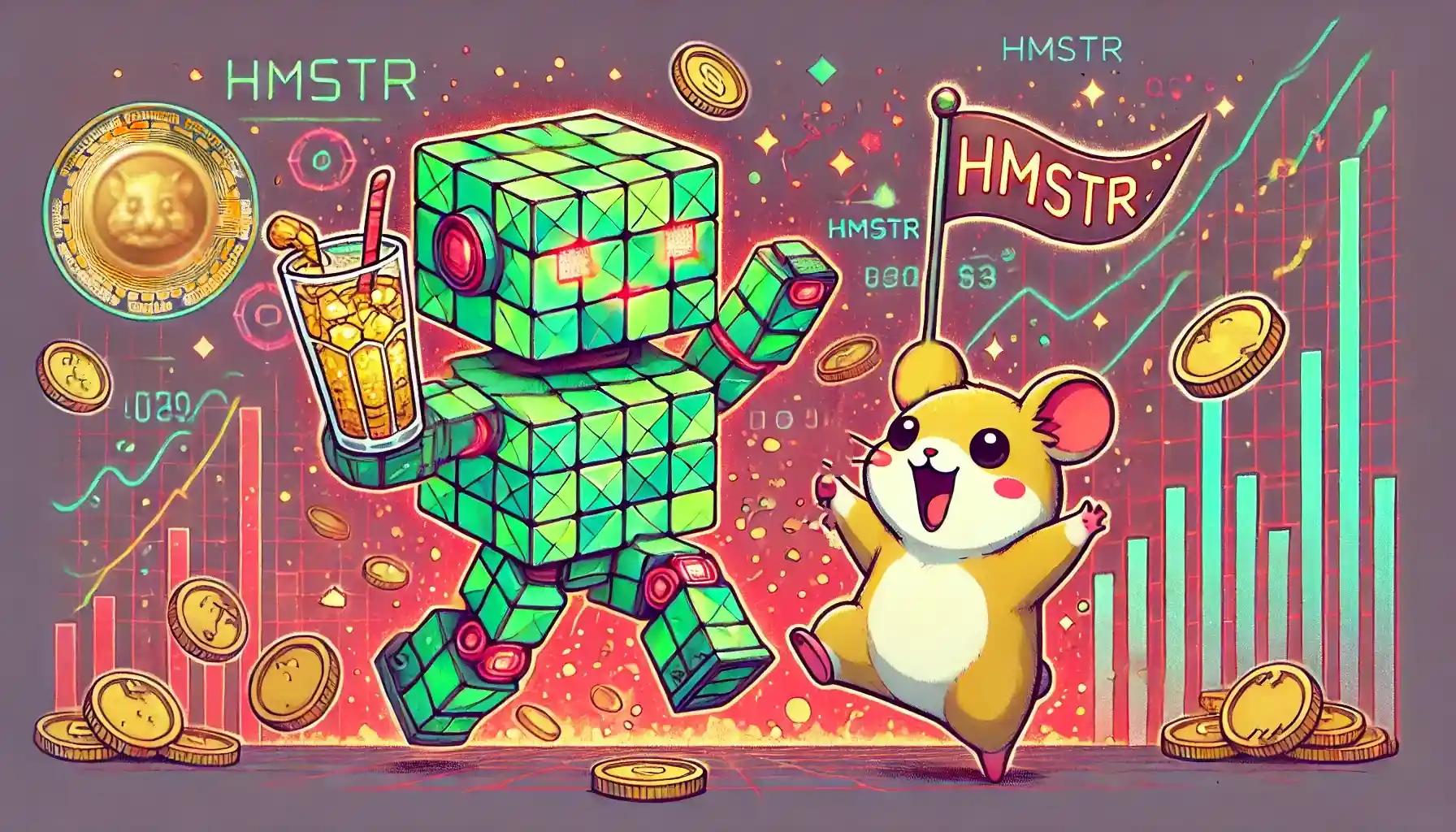 Futuristic marketplace with robot, hamster, and glowing tokens