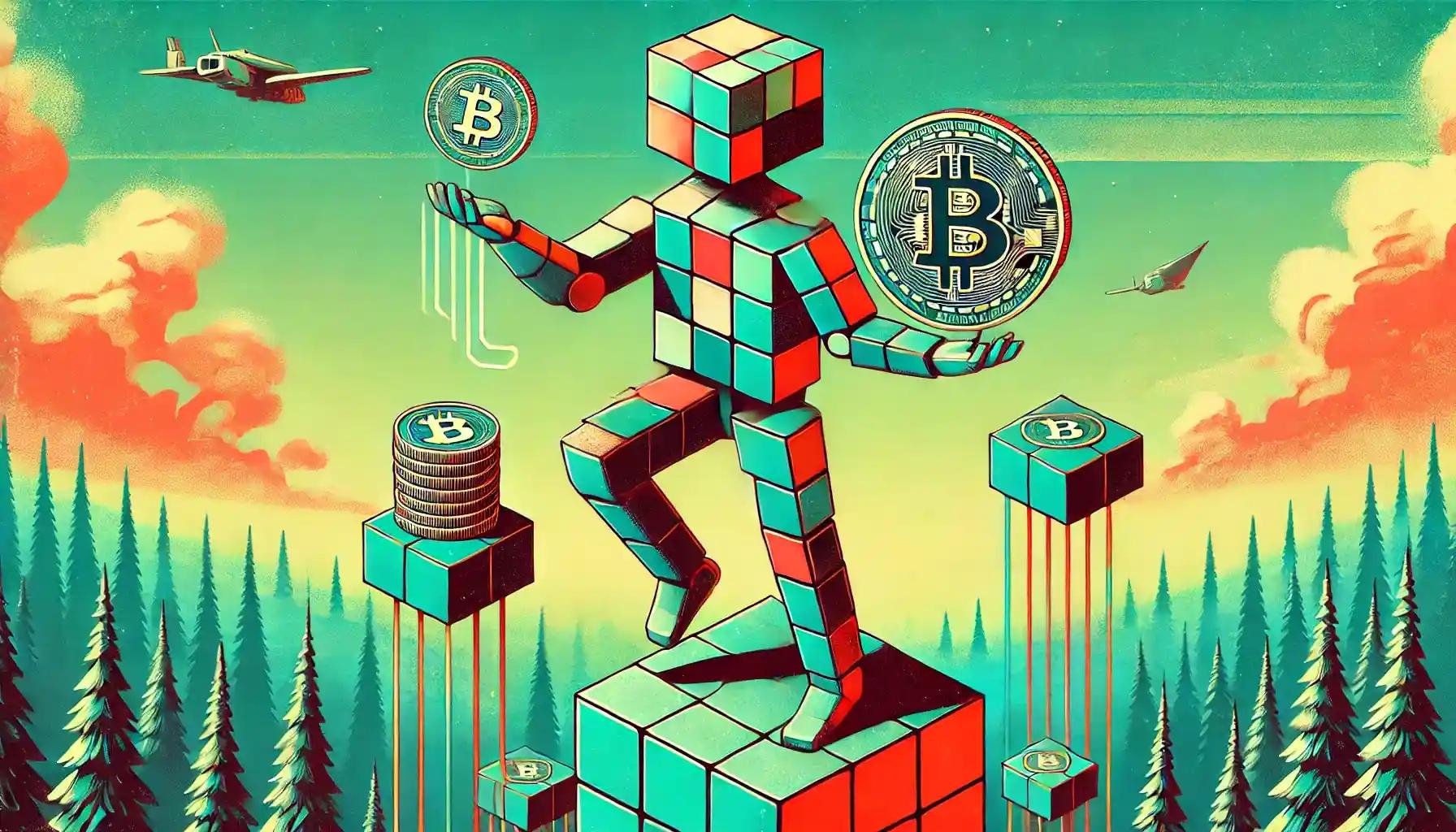 Futuristic robot balancing Bitcoin and stablecoins over a digital ledger