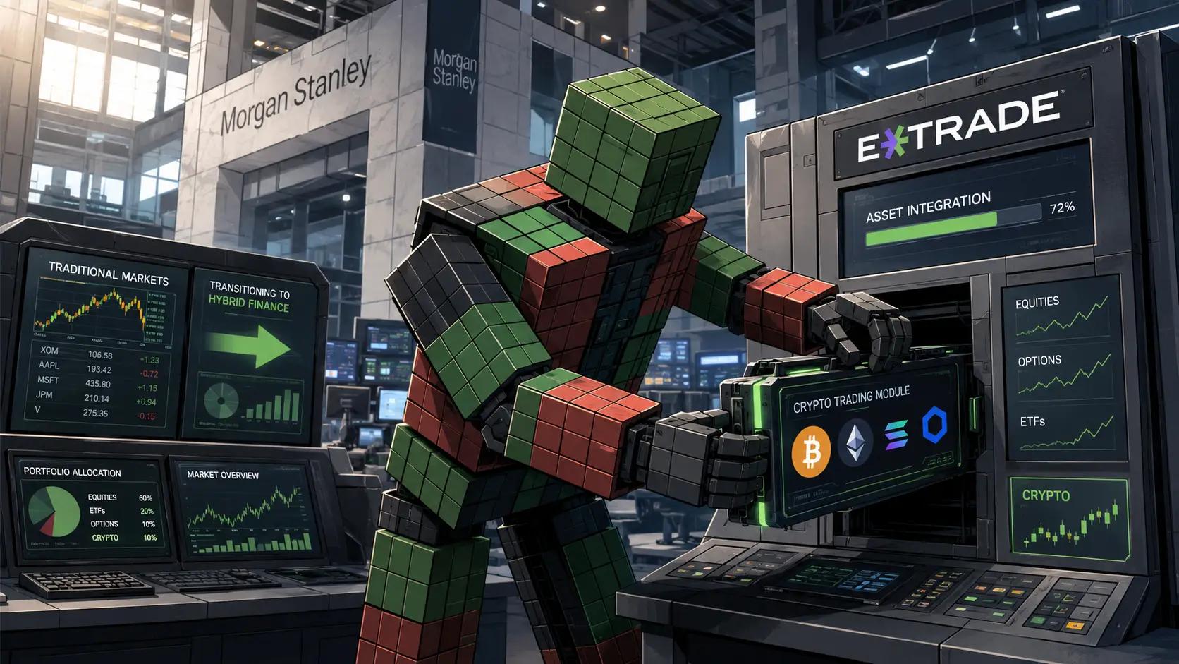 Futuristic trading floor with crypto integration