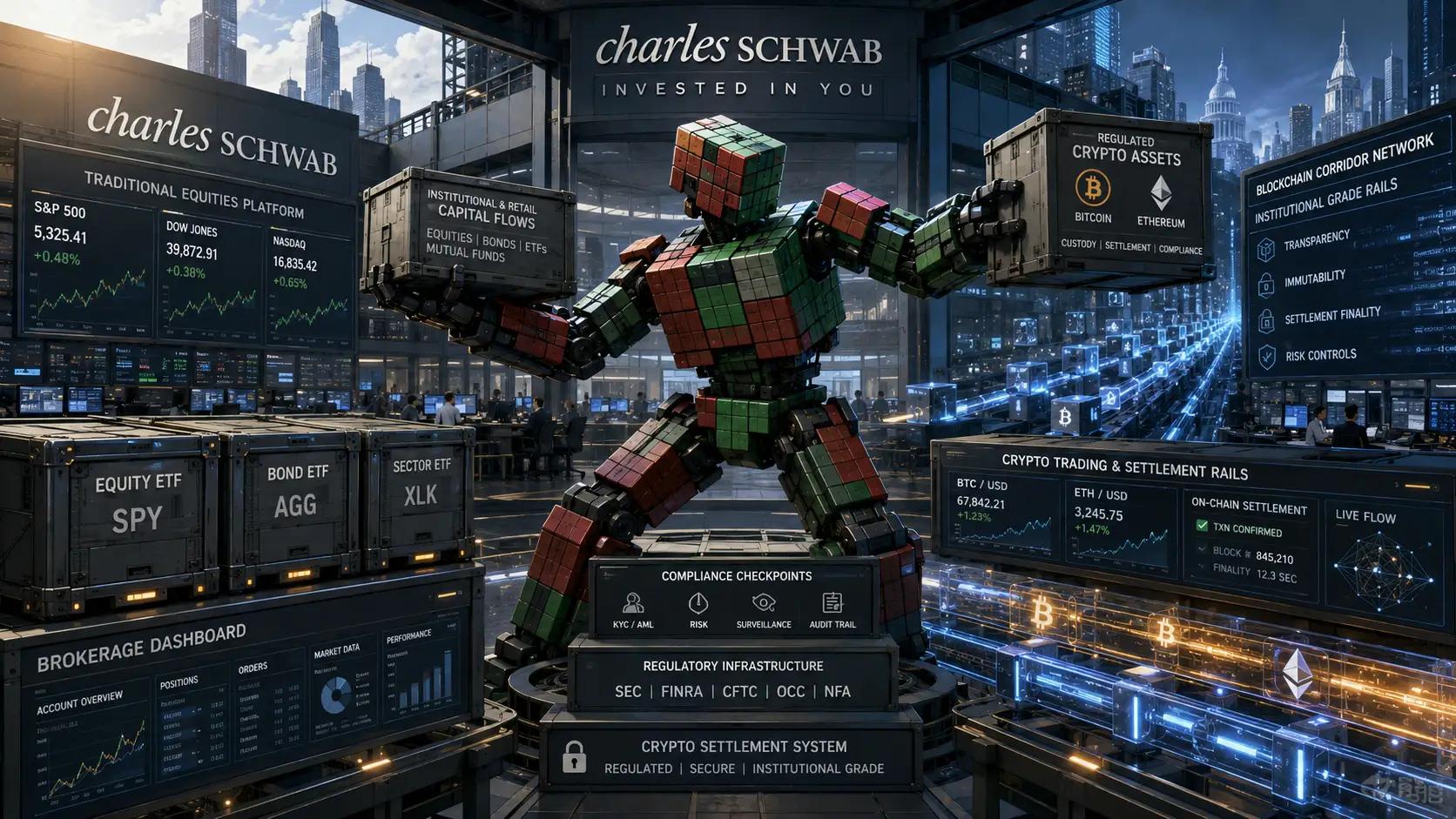 Futuristic trading hub with blockchain and equities