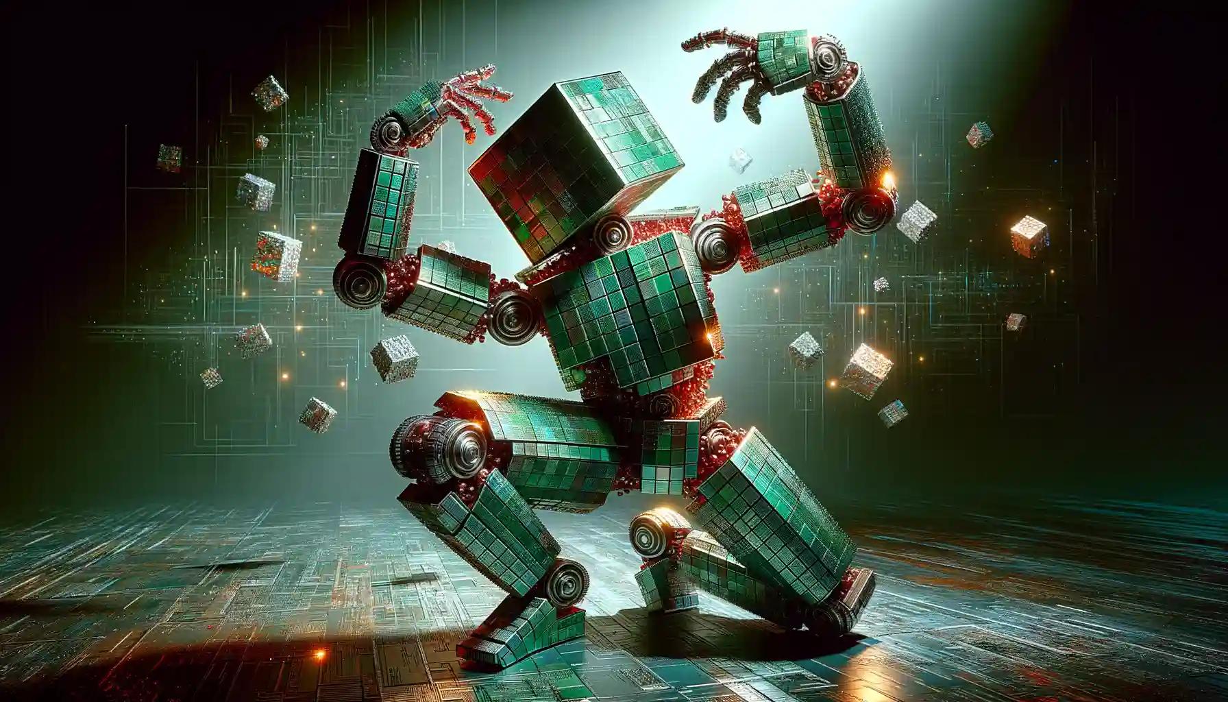 Geometric robot shrugs in front of digital landscape