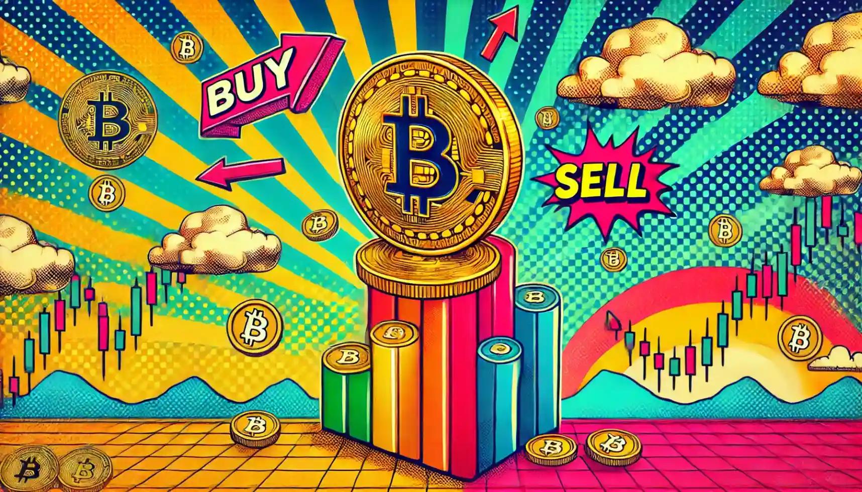 Golden Bitcoin on candlesticks with retro pop-art trading symbols
