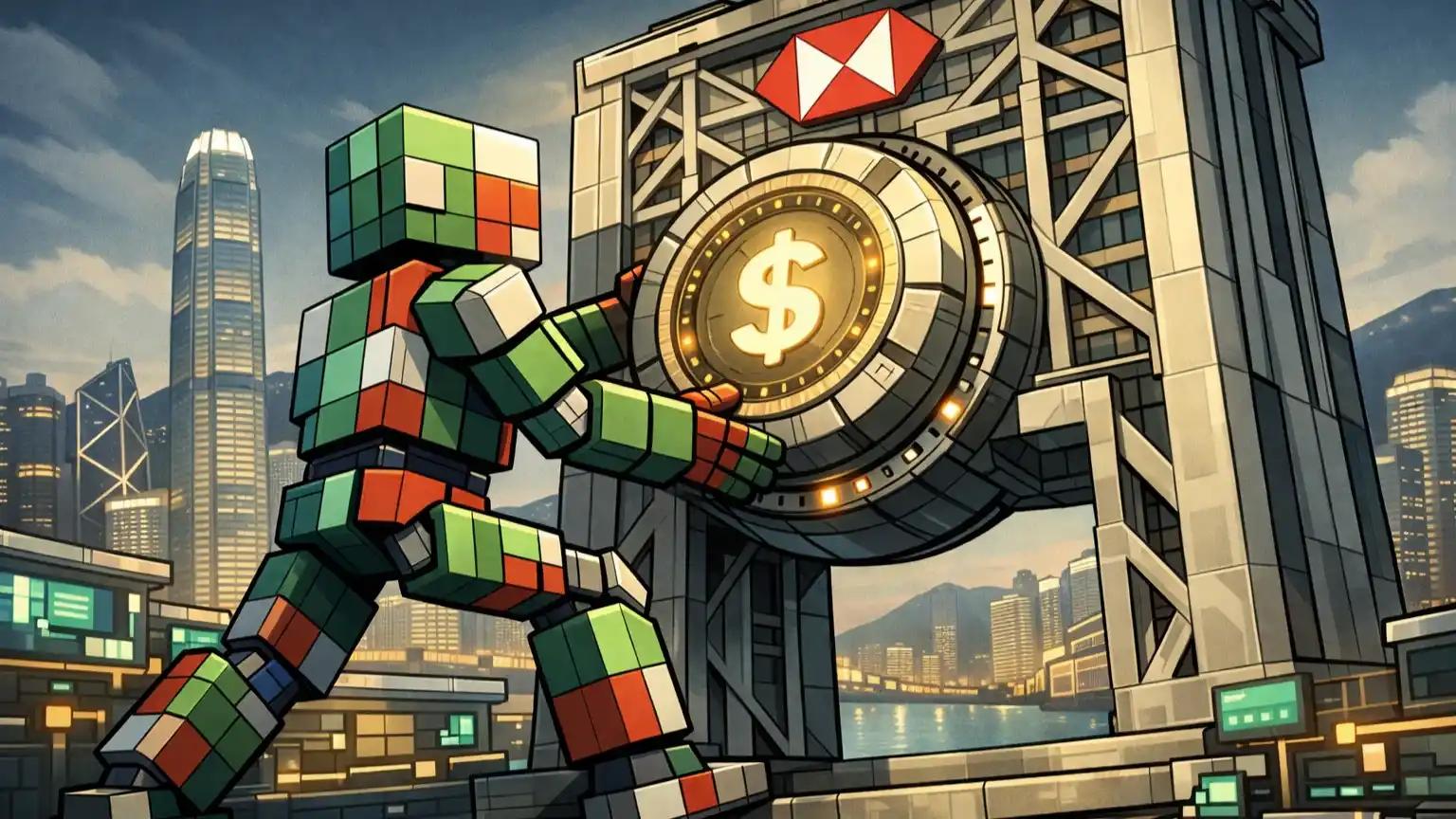 HSBC stablecoin license infrastructure installation inside Hong Kong banking skyline.