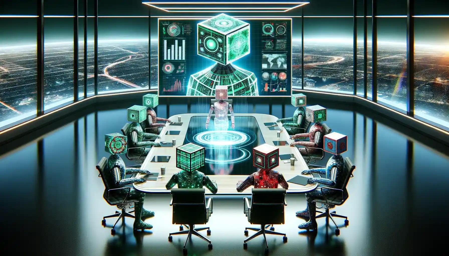 High-tech boardroom with holographic displays, faceless figures discussing