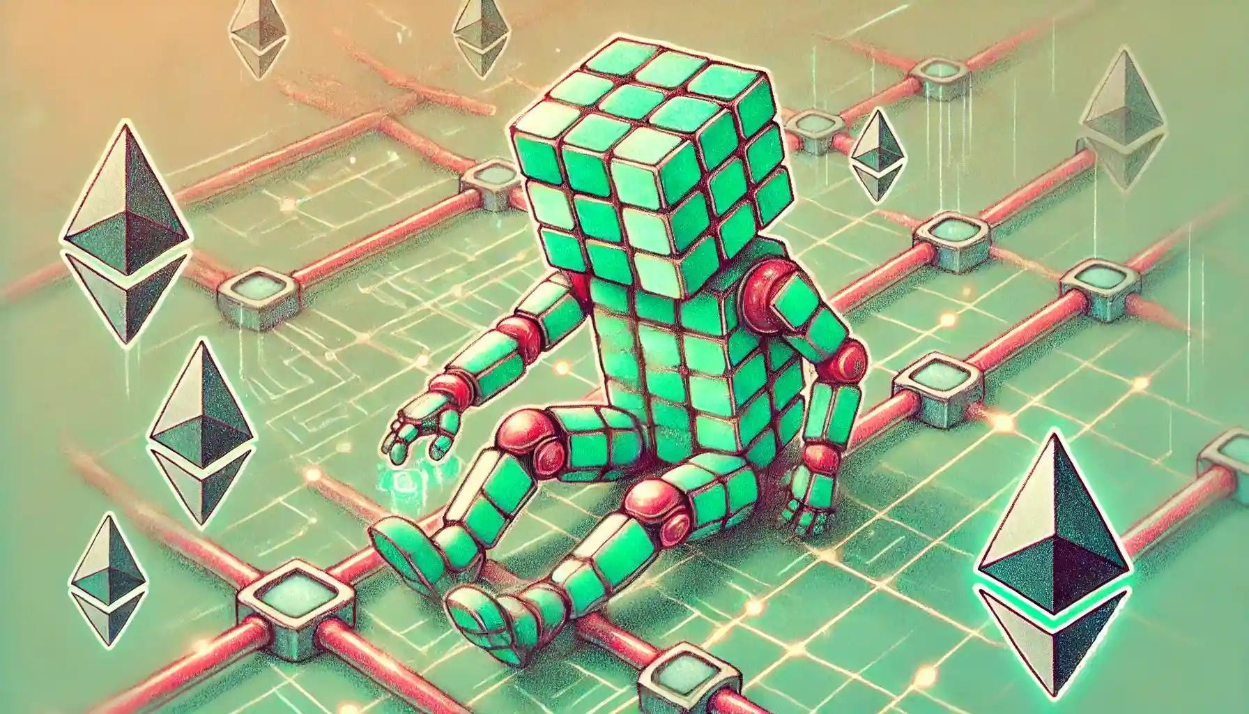 Humanoid robot adjusts glowing gas pipelines on Ethereum blockchain network