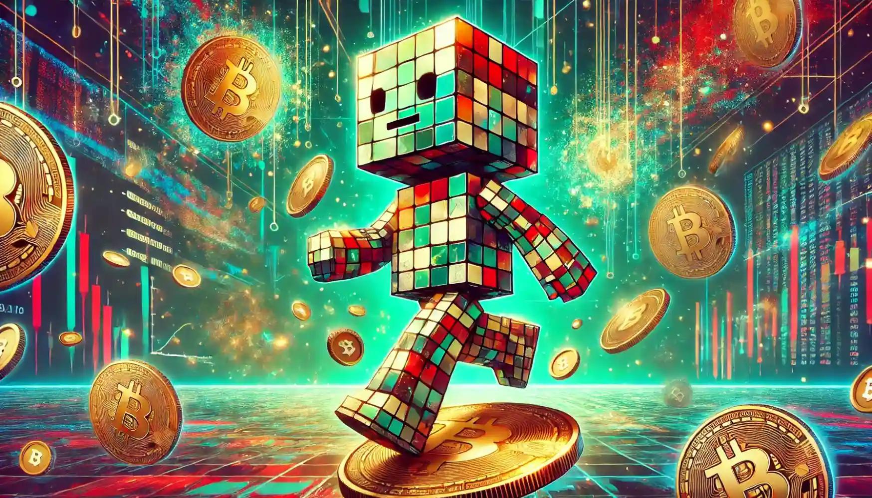 Humanoid robot balancing on coin in dynamic crypto marketplace