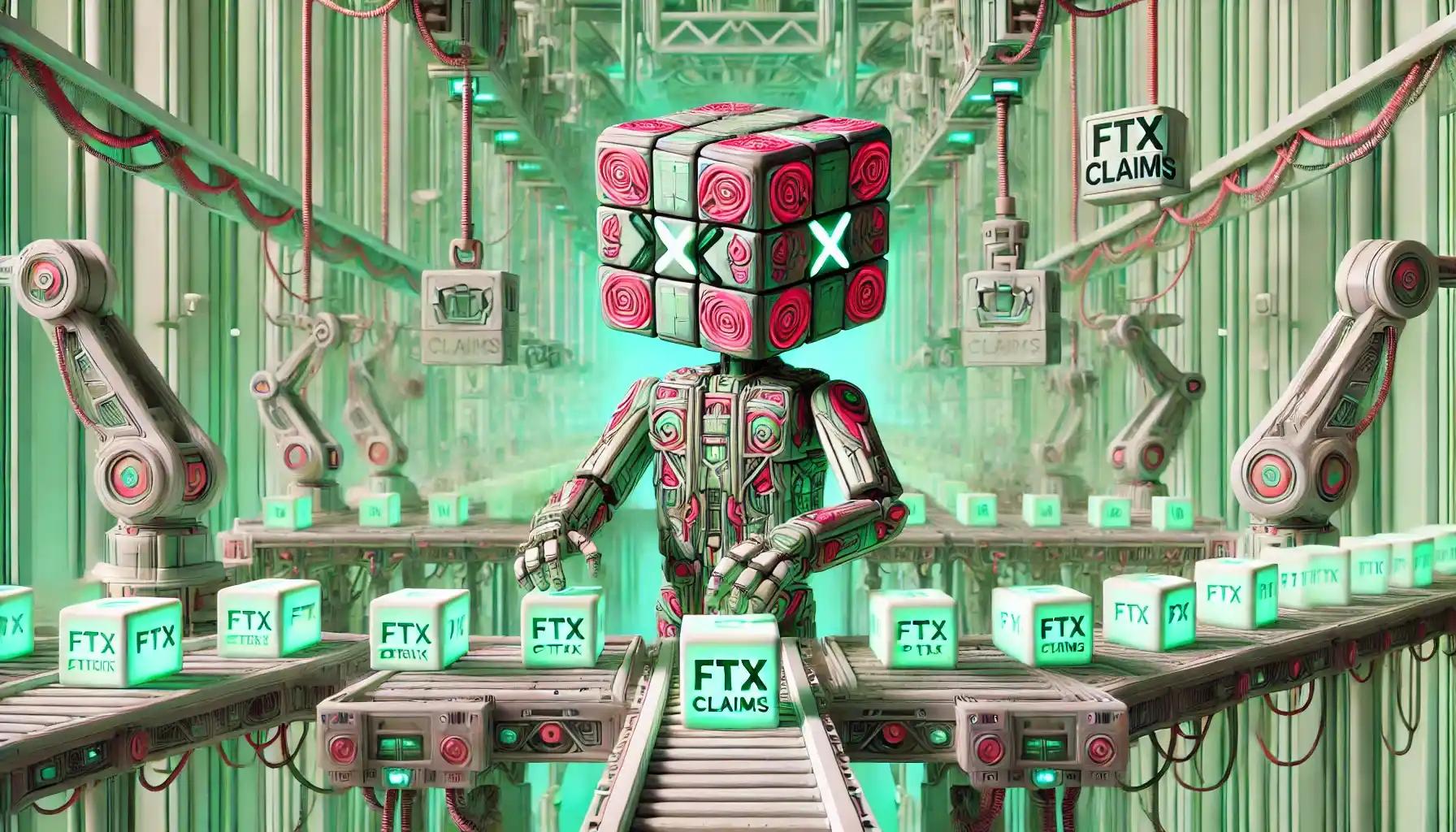 Humanoid robot distributing FTX claims in a futuristic factory