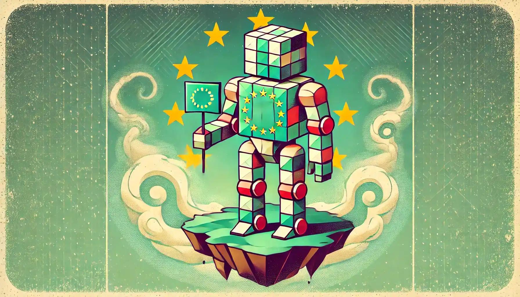 Humanoid robot holds T over pastel EU-themed crypto scrutiny