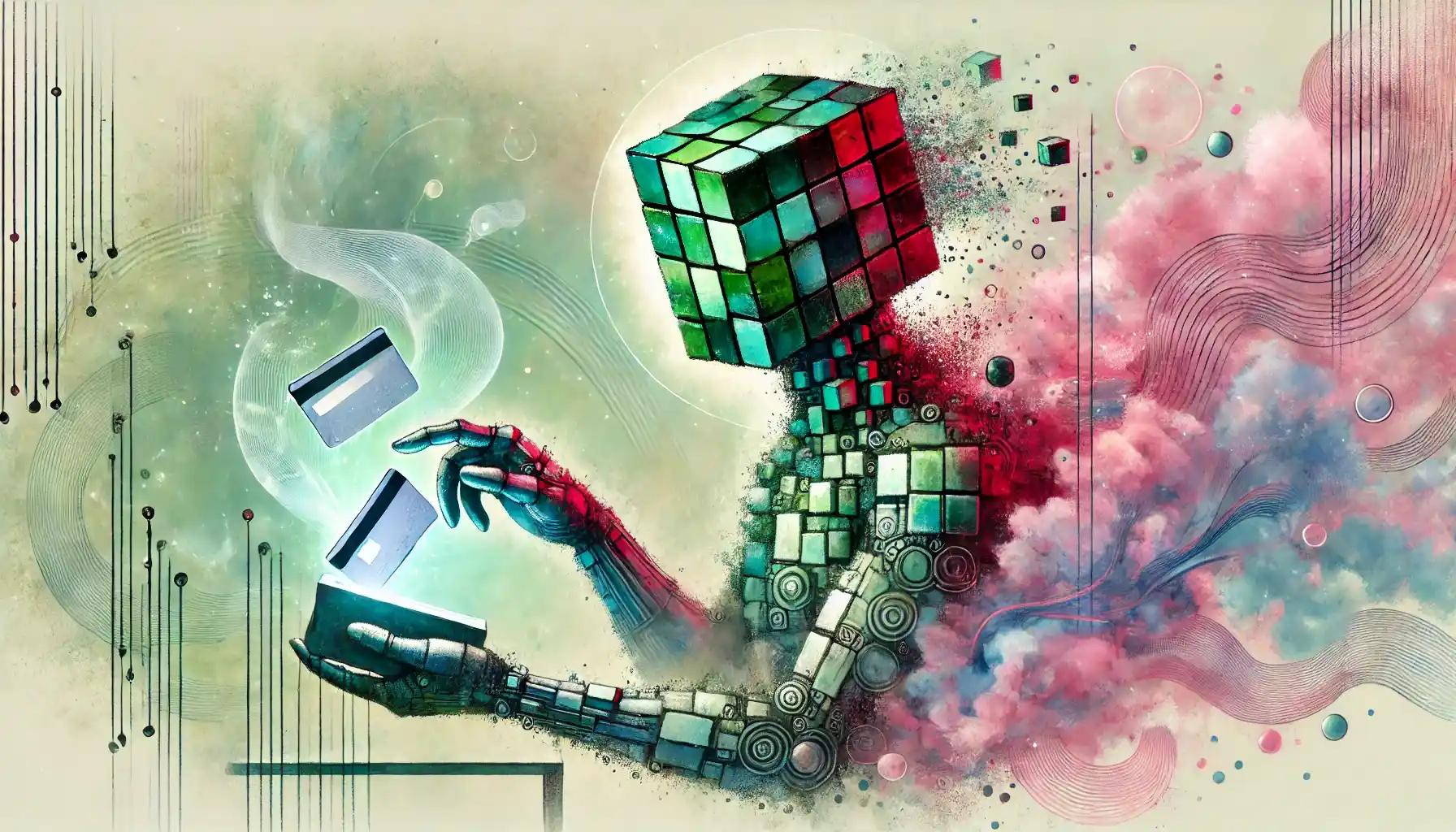 Humanoid robot inserting cash card into glowing terminal