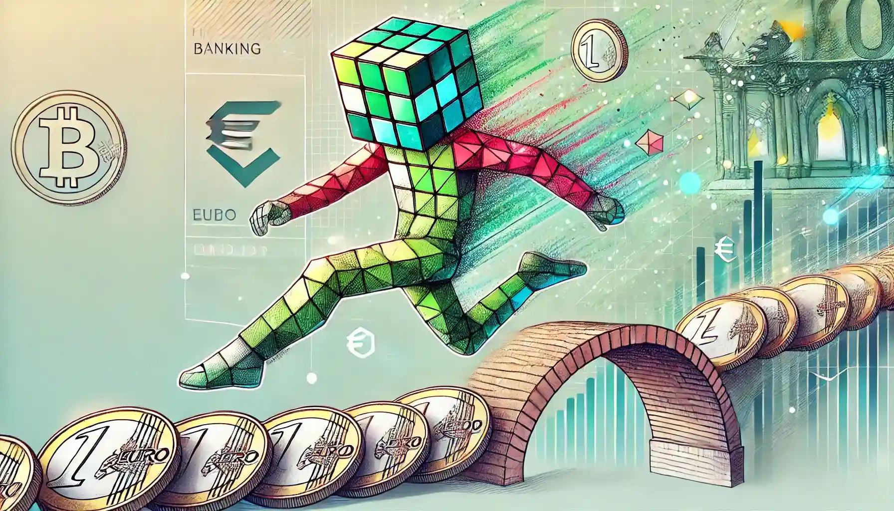 Humanoid robot leaping euro bridge, digital banking interface