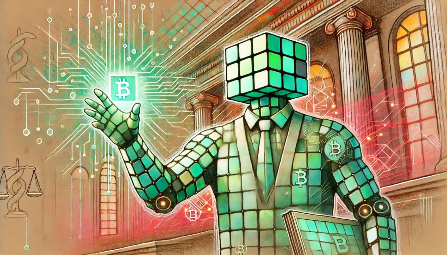 Humanoid robot presents crypto law tablet on a digital courtroom