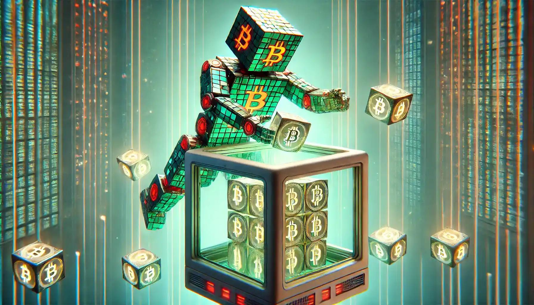 Humanoid robot stacking Bitcoin cubes in a floating blockchain vault