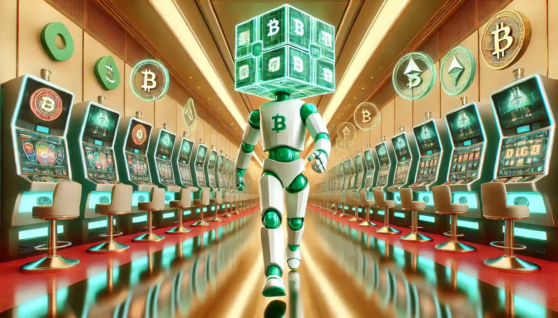 Humanoid robot strolling through a futuristic casino with digital machines