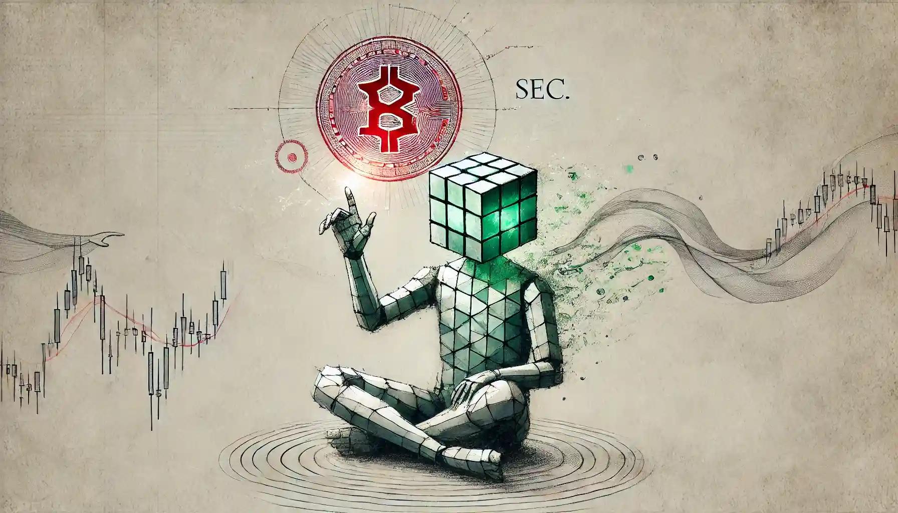 Ink-wash robot meditating before a floating stablecoin symbol