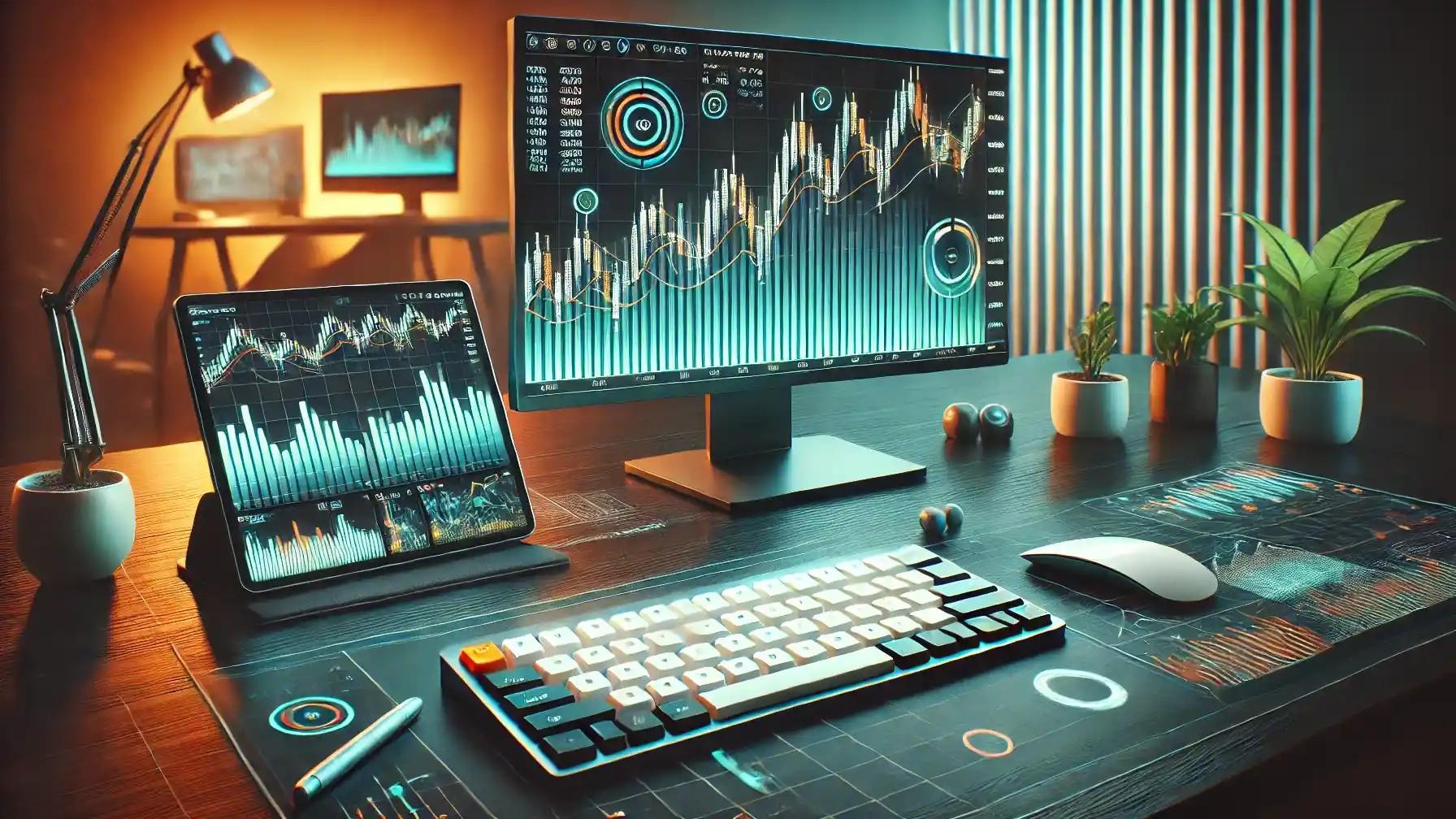 Modern trading desk digital illustration with charts and keyboard