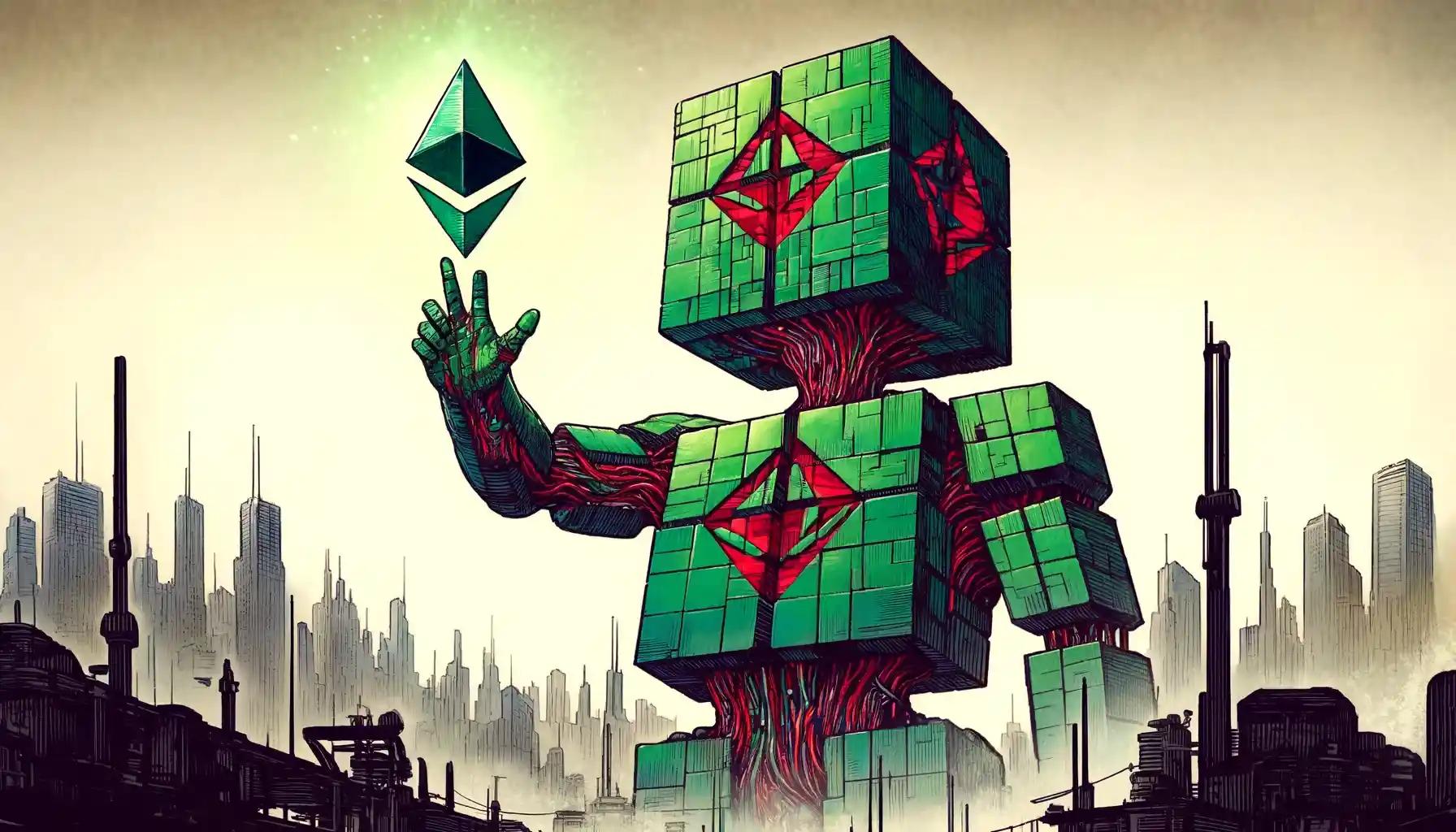 Monolithic robot mosaic made of Ethereum blocks, holds symbol