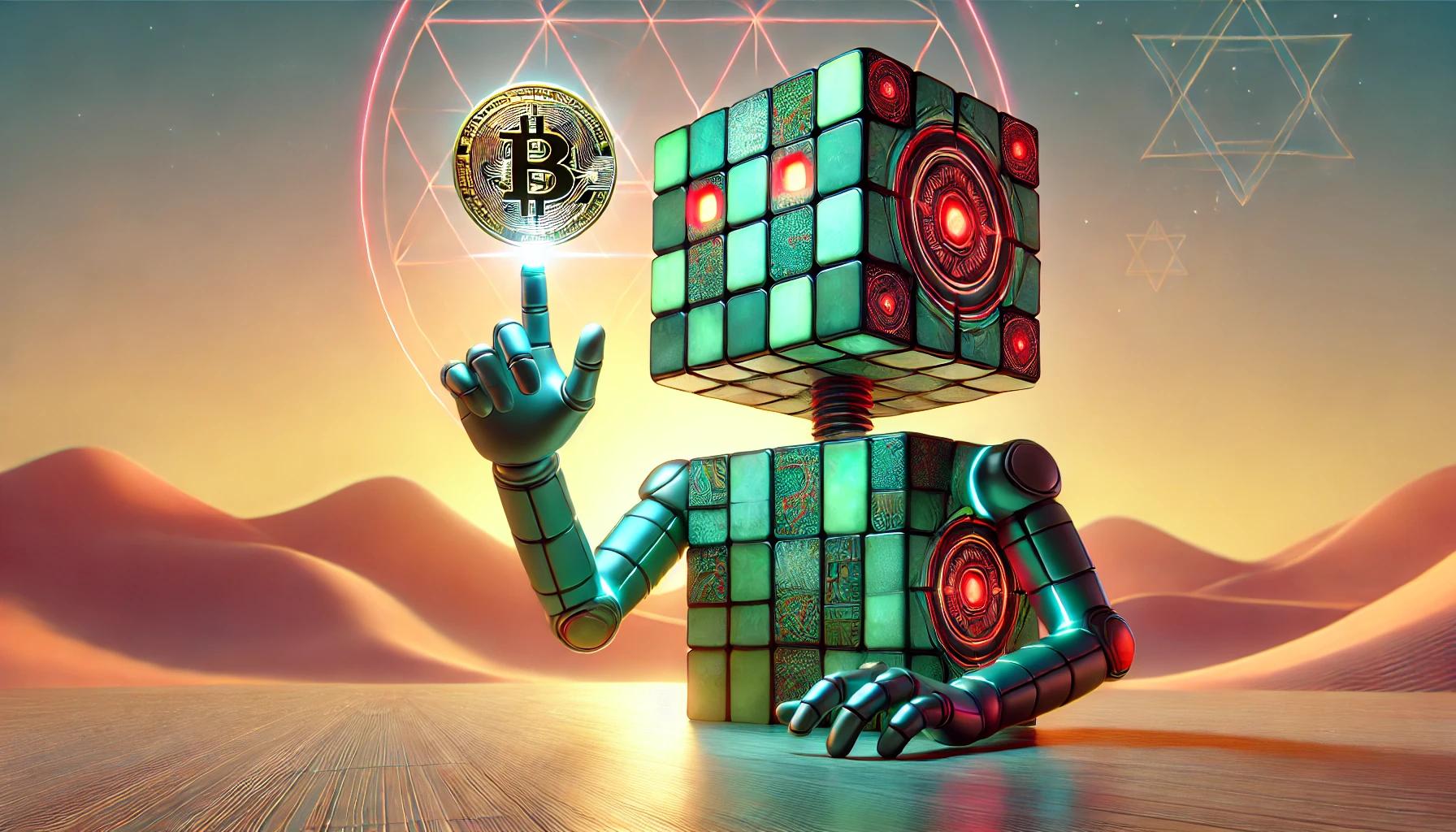 Mosaic robot balancing Bitcoin coin in pastel Israeli desert