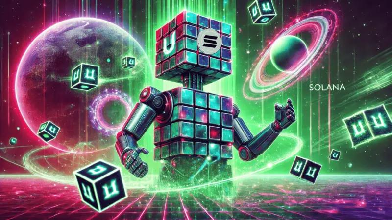 Mosaic robot connects exchanges with Solana logo in vibrant marketplace