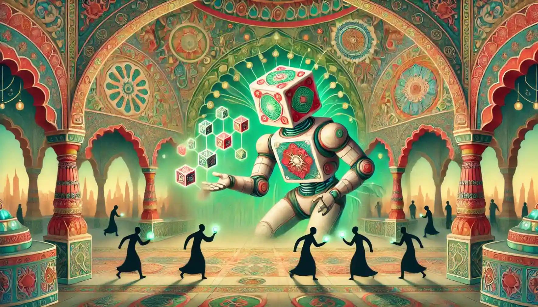 Mosaic robot distributing rupee tokens at vibrant pastel Indian bazaar