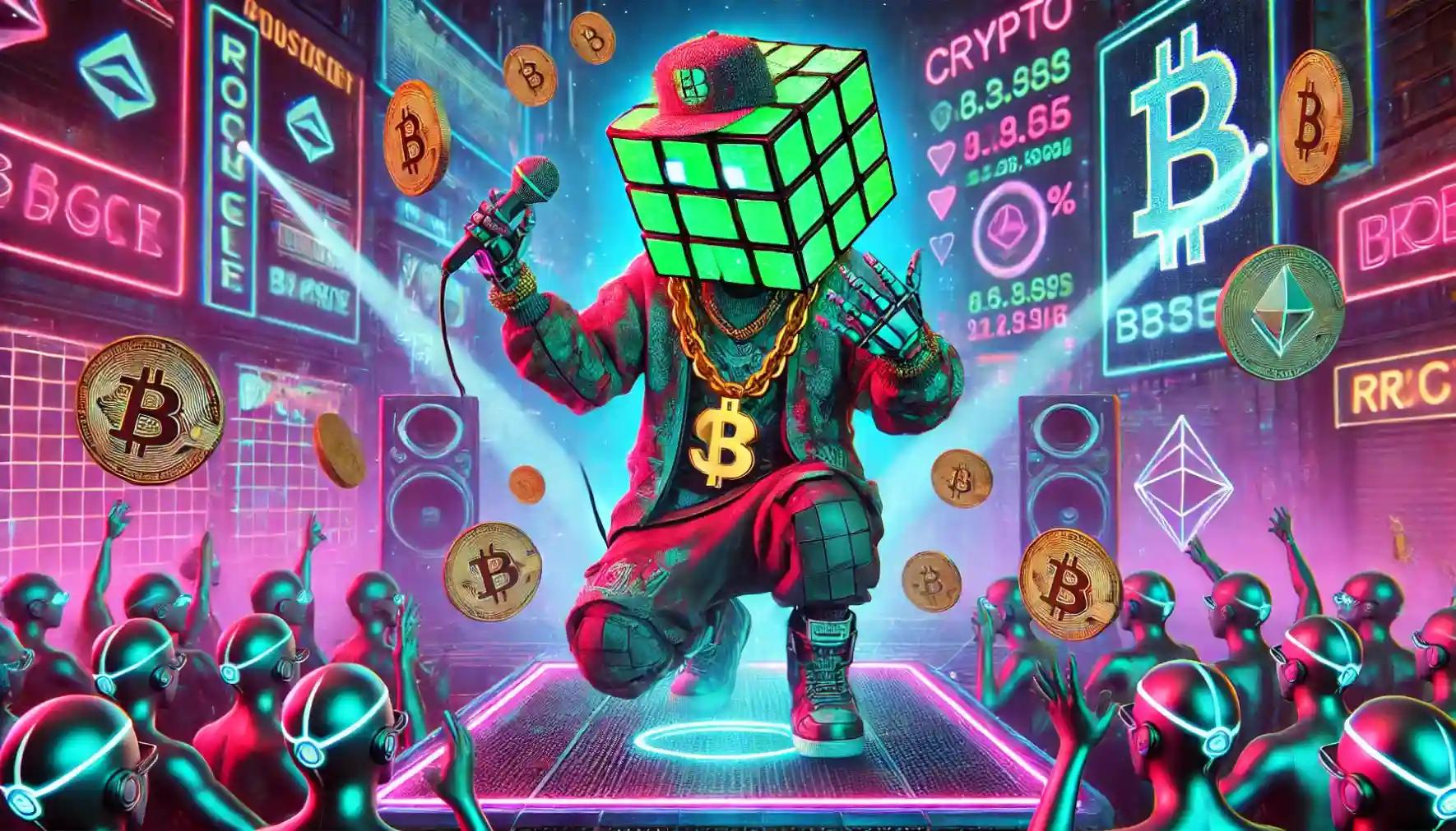 Neon-lit robot rapper performing on stage with floating crypto tokens