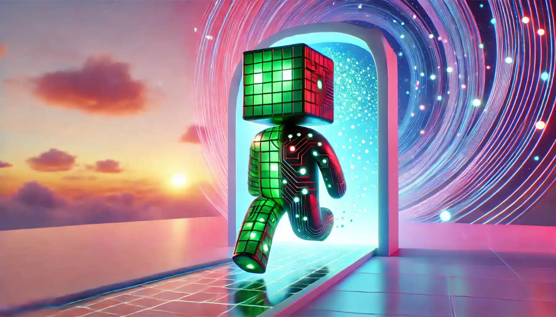 Pastel humanoid stepping through glowing BWB-to-BGB transformation gateway