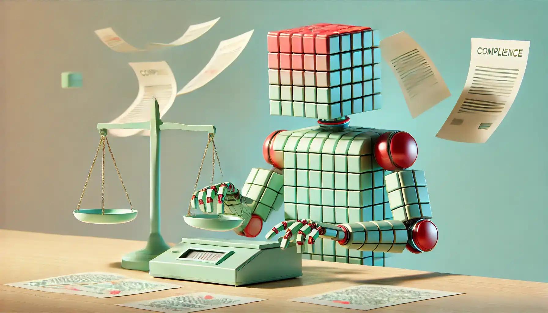Pastel robot reviews crypto regulations at modern desk