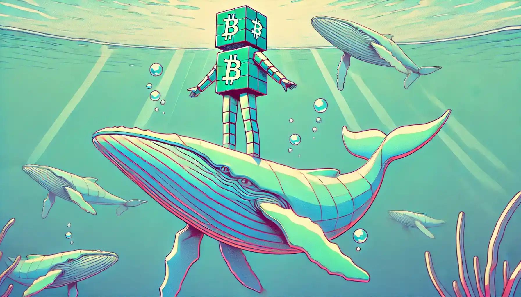 Pastel robot riding a whale with others swimming in calm water