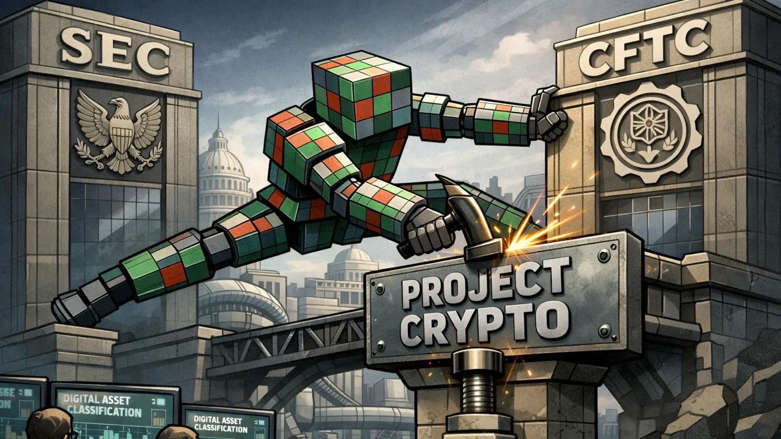 Project Crypto bridge installed between SEC and CFTC oversight towers.