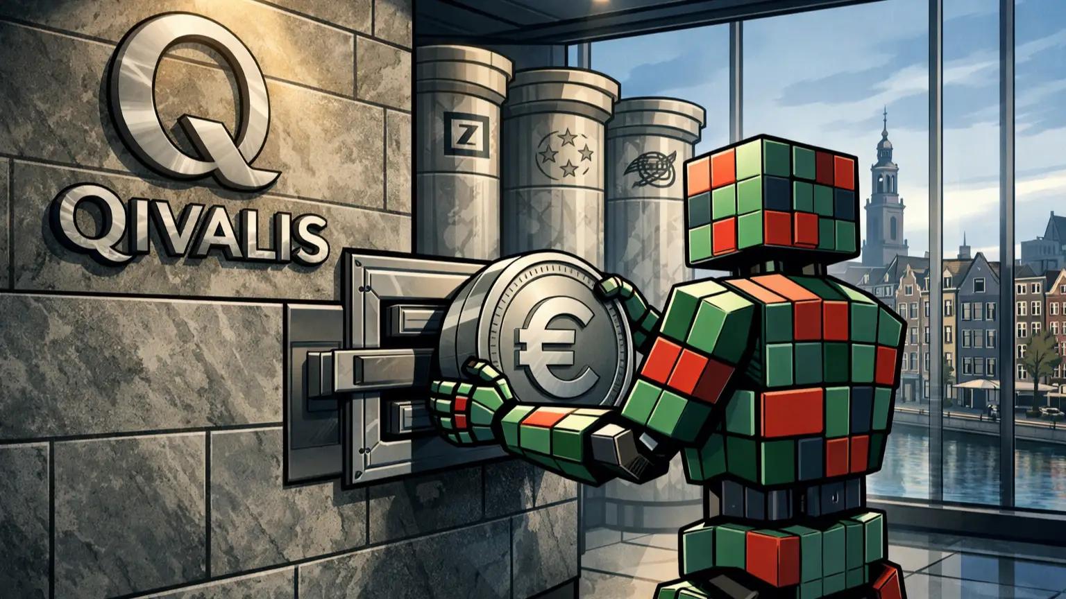 Qivalis euro stablecoin launch inside Amsterdam banking chamber.