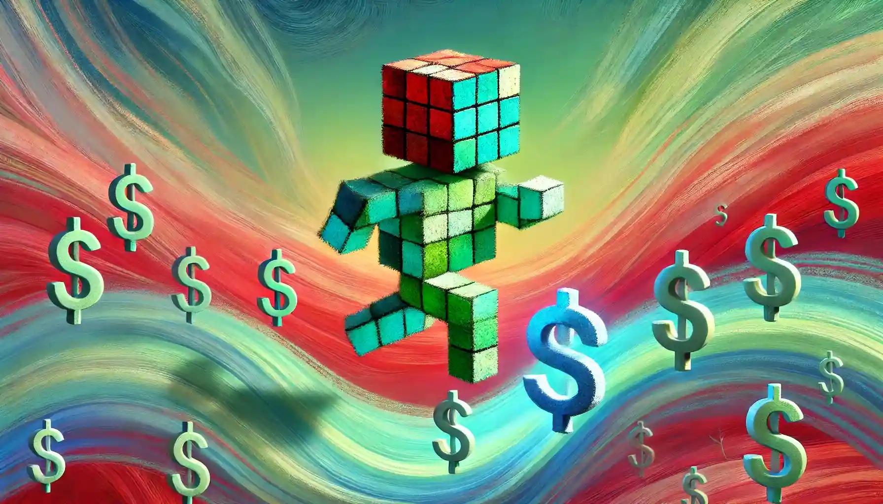 RLUSD utility Robot leaping across glowing dollar symbols