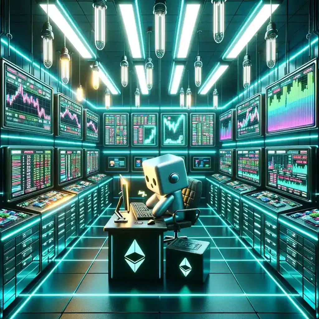 Robot actively trading Ethereum and Bitcoin at a high-speed desk setup