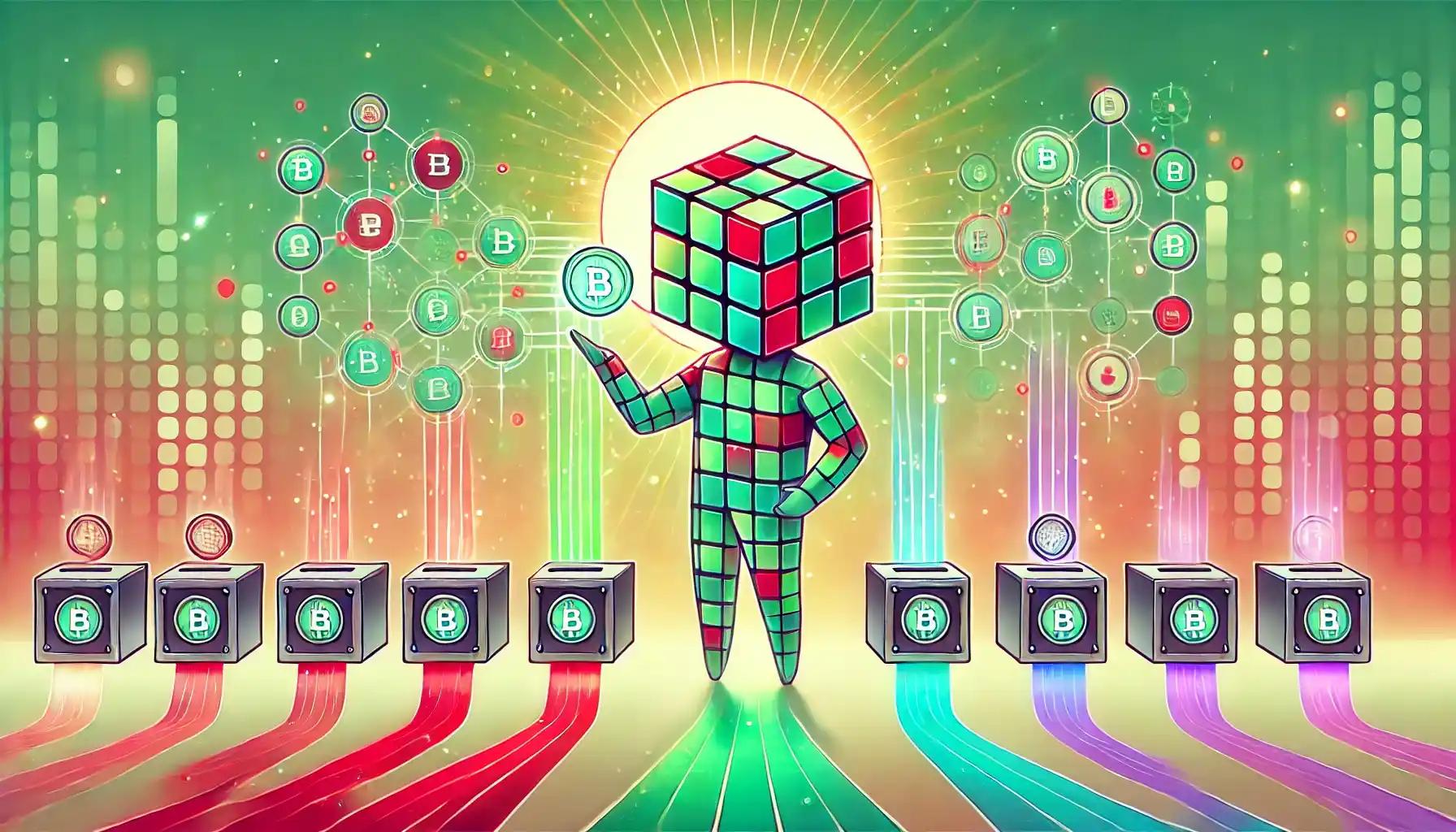 Robot adjusting holographic fee switch, green-red glow background