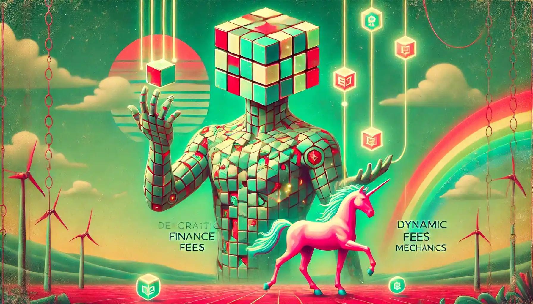 Robot adjusting hooks while unicorn plays with glowing orbs