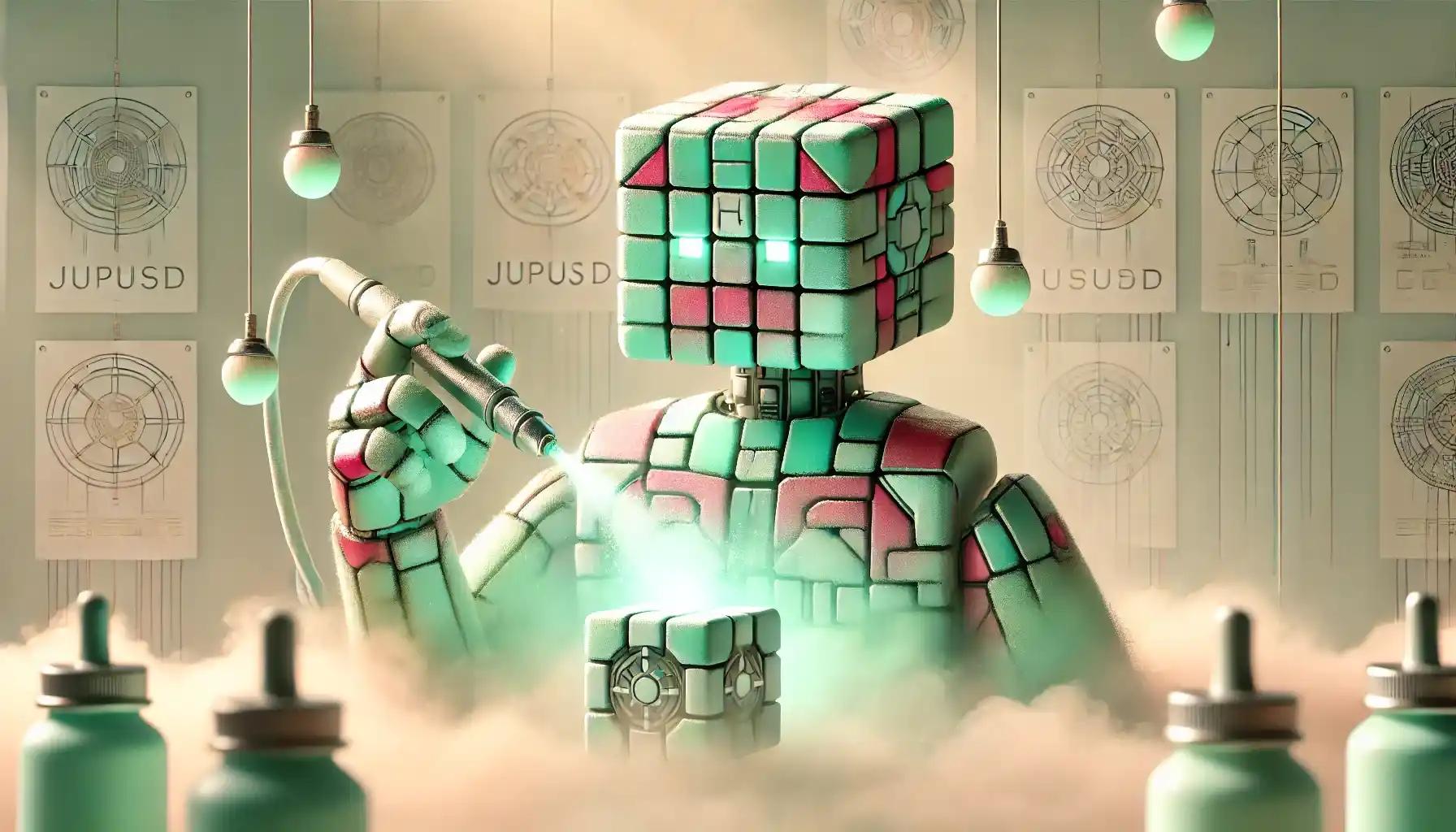 Robot airbrushes mint hues onto Solana token symbolizing DeFi coin market cap