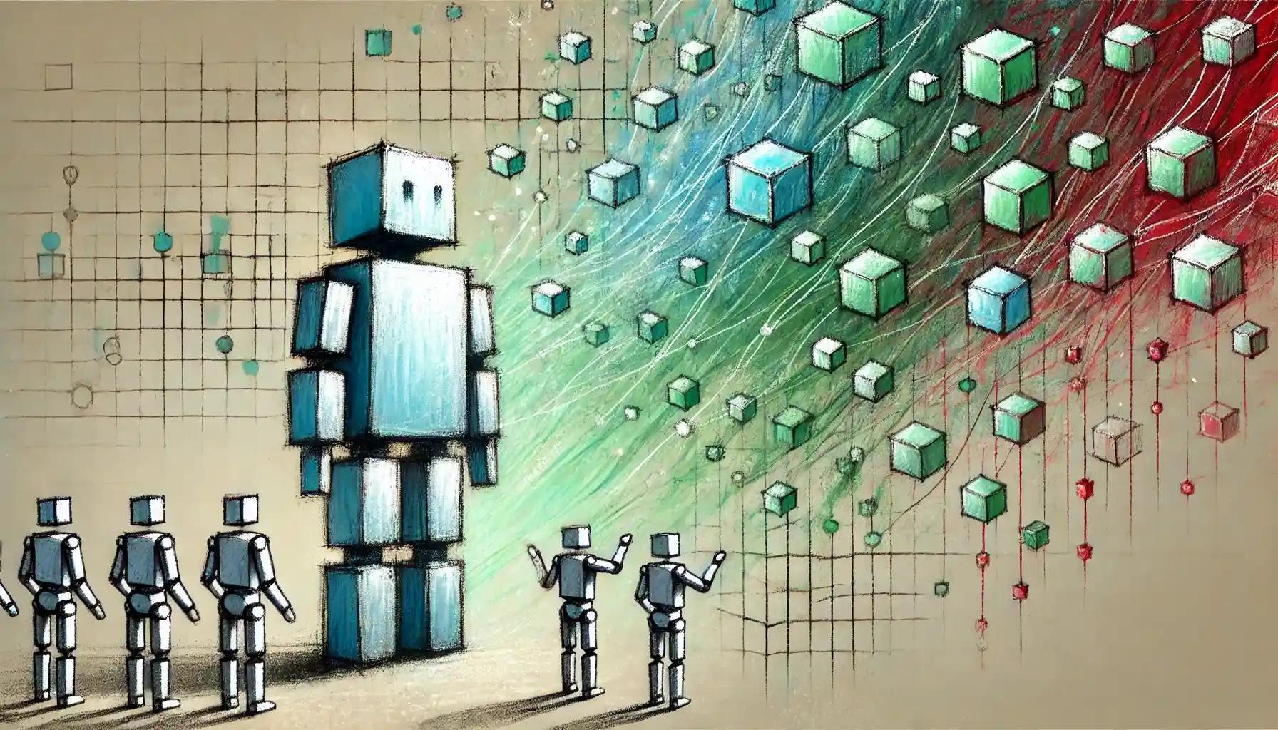 Robot analyzing volatile cube waves on dynamic pastel Polymarket network