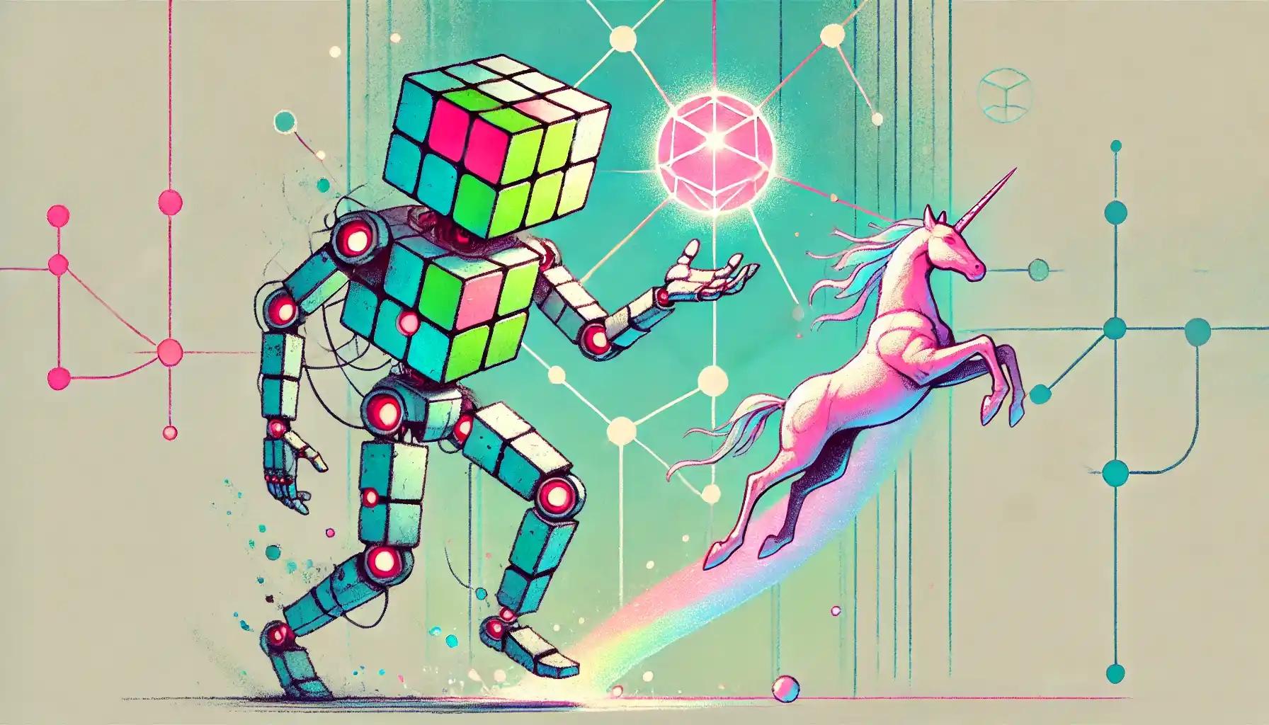 Robot and unicorn linking chains with glowing orbs for cross-chain swaps