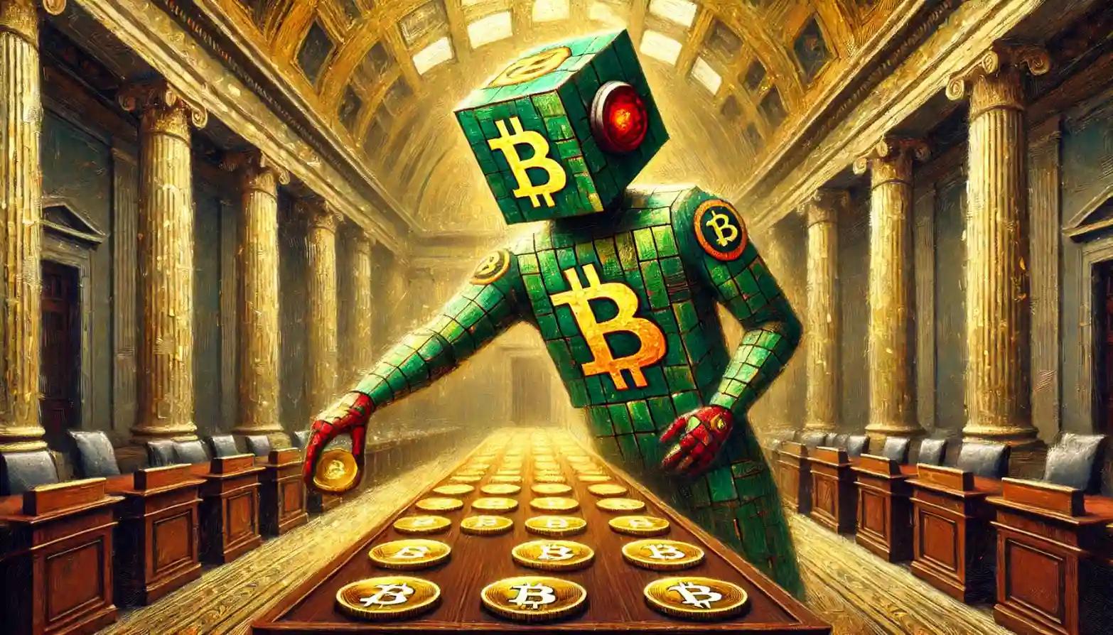 Robot arranges Bitcoin coins in grand government chamber