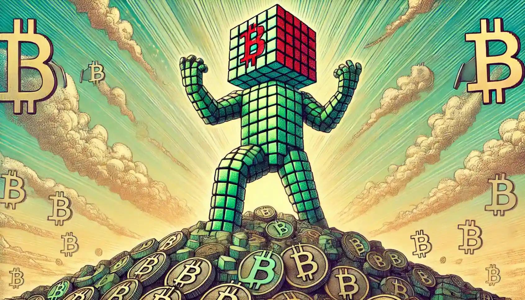 Robot atop Bitcoin mountain under pastel sky