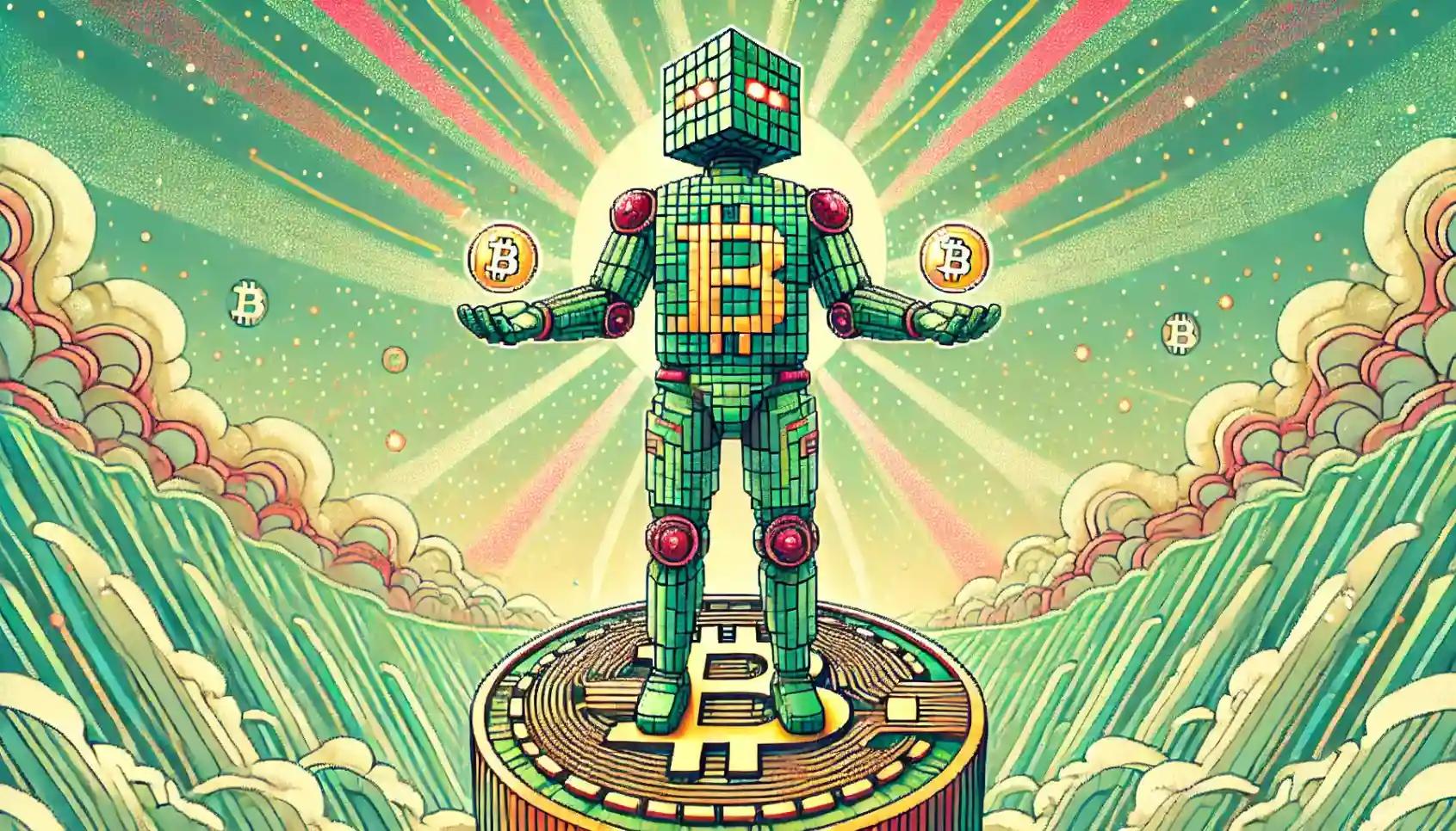 Robot atop glowing Bitcoin, celebrating growth