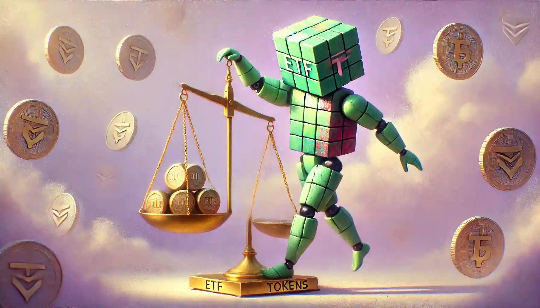 Robot balances ETF tokens on golden scale