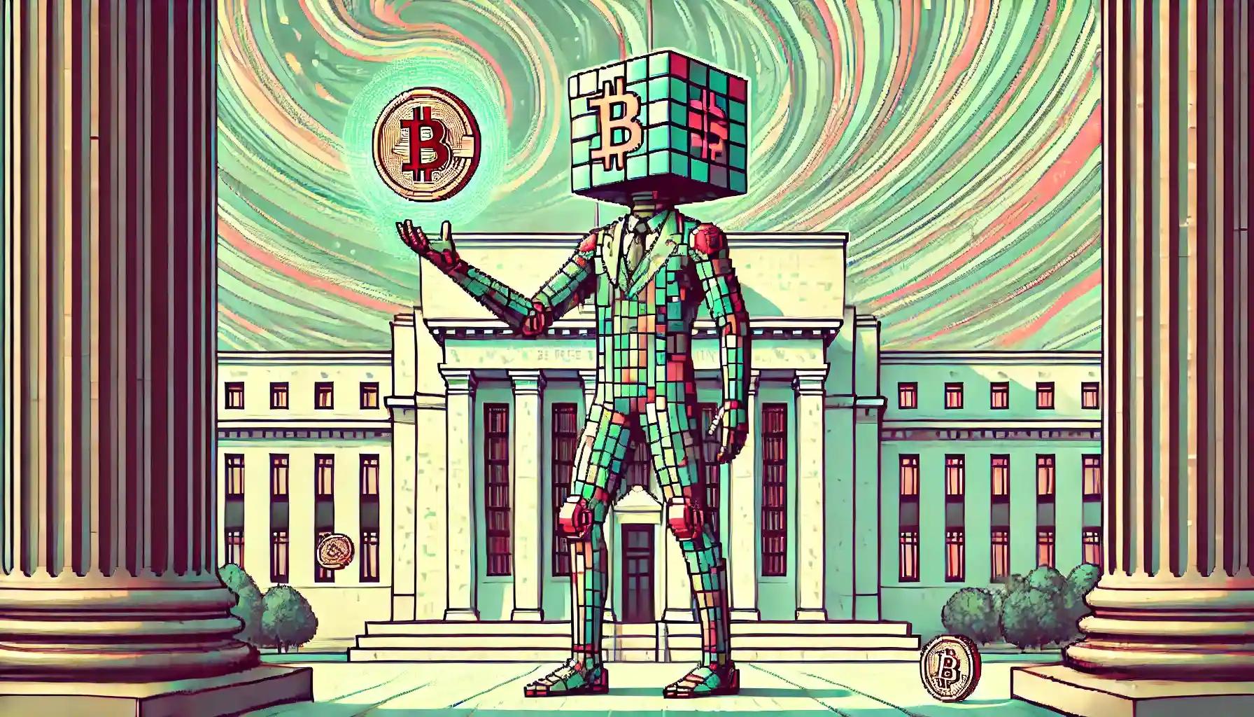 Robot balances coins with rejected Bitcoin symbol glowing above