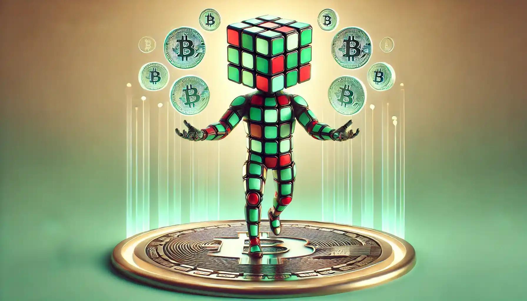 Robot balances glowing Bitcoin reserve orbs, pastel crypto scene