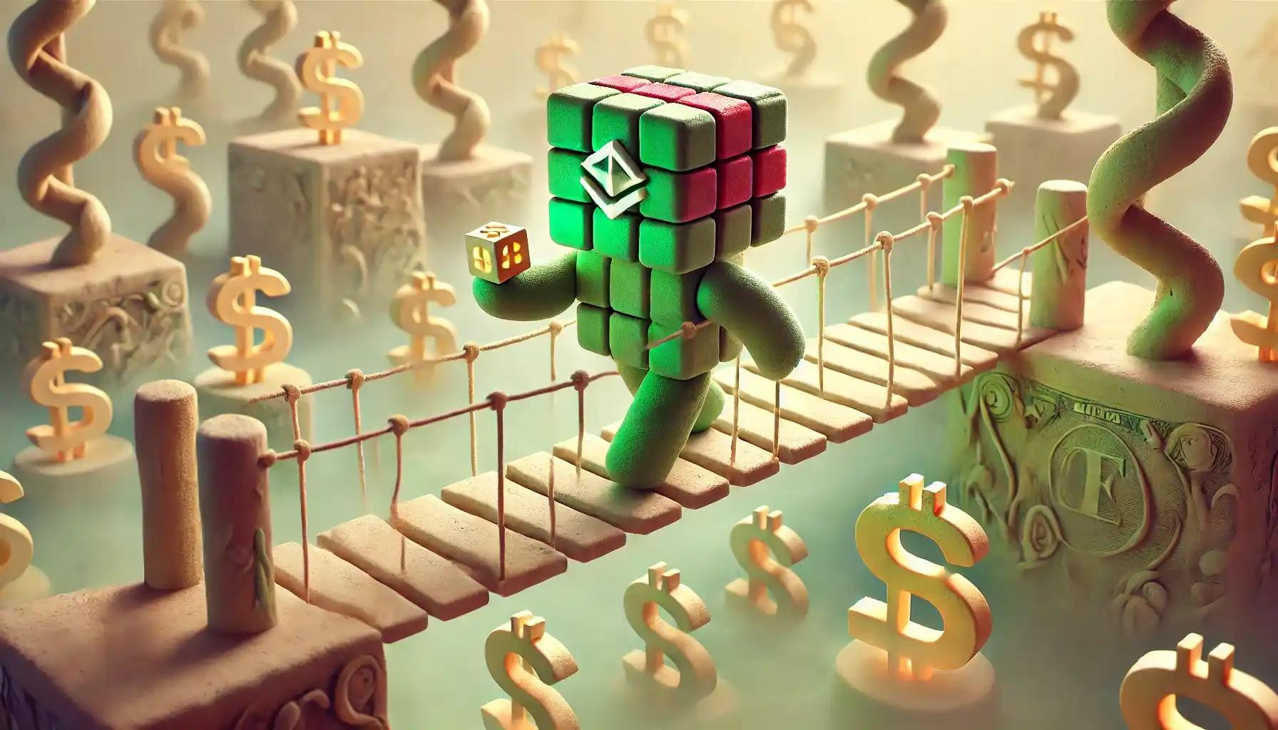 Robot balances on ETF bridge above dollar mist