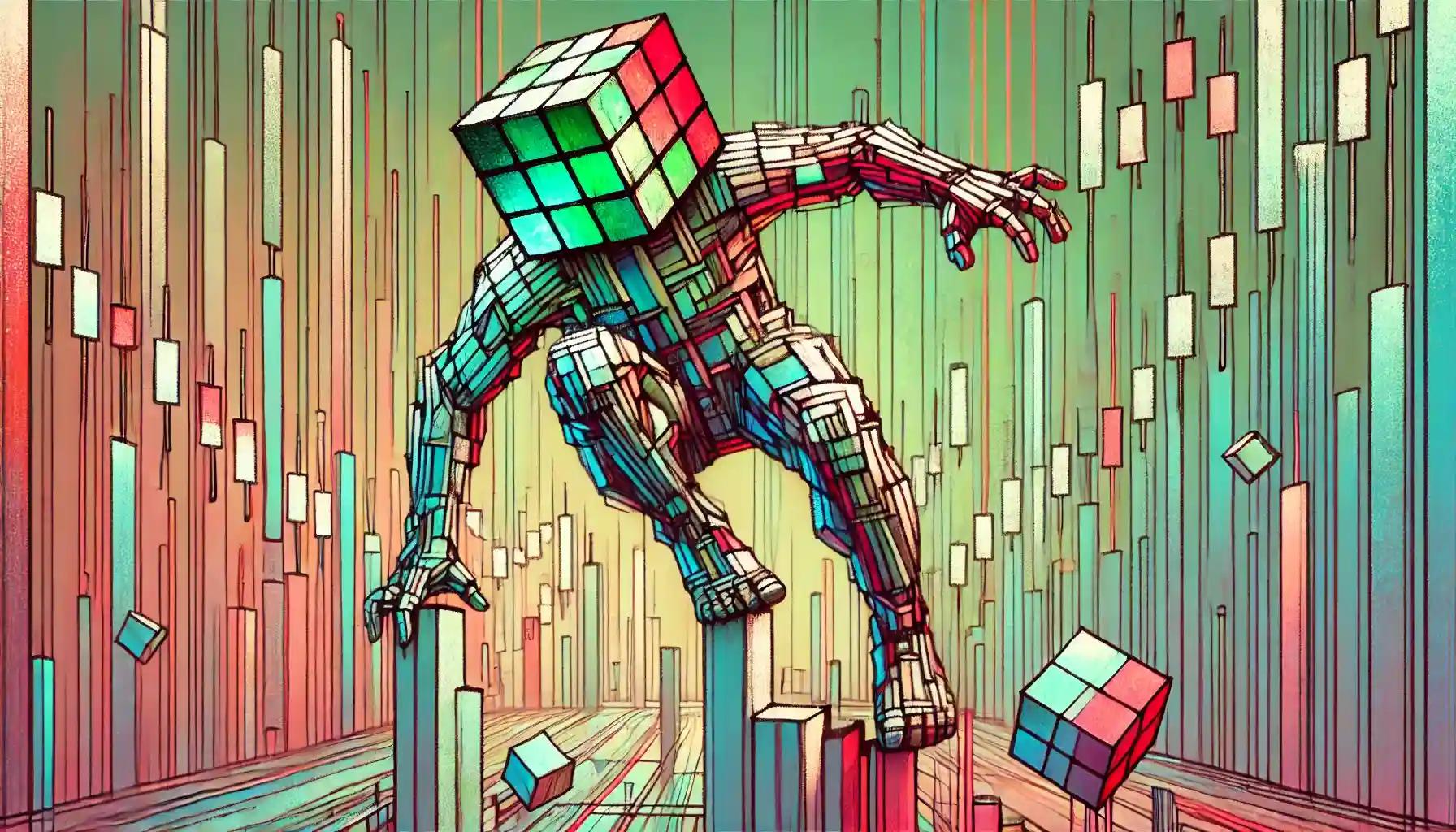 Robot balances on collapsing platforms in a pastel trading floor