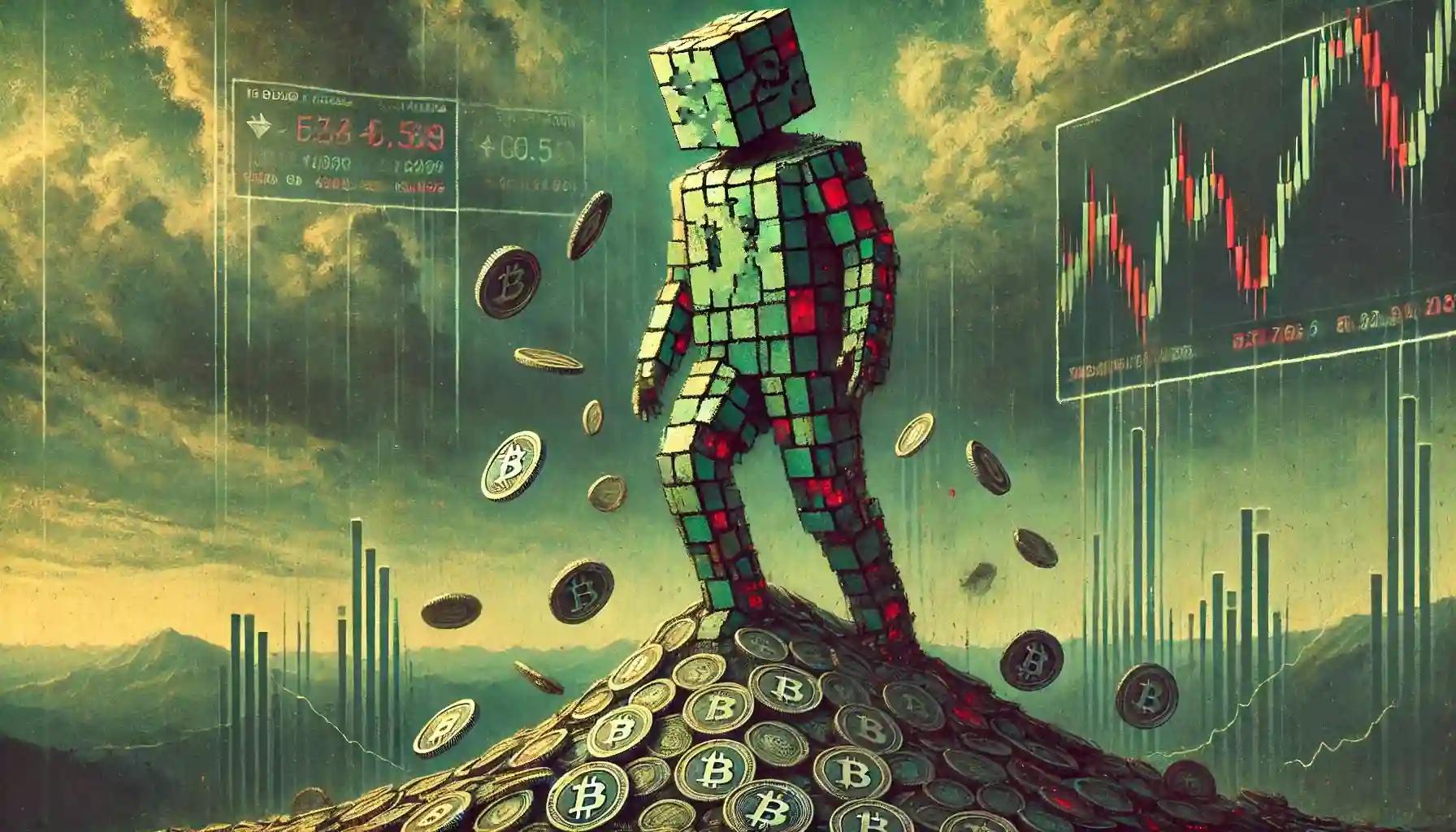 Robot balances on crumbling crypto coins; stormy cityscape background